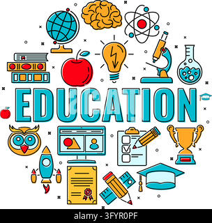 Online distance education banner with typography and colored line flat icons test, diploma, startup, books. isolated vector illustration Stock Vector