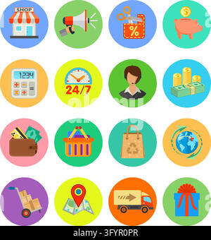 Internet Shopping, Delivery and Cargo Detailed Flat Icon Set for e-commerce with money, truck, gift symbols on colored circles with Long Shadows. Vect Stock Vector