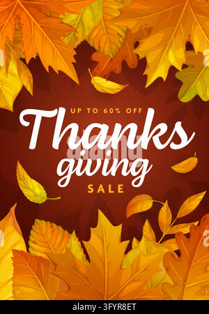 Thanksgiving Day sale banner with autumn fall leaves. Vertical autumn leaf banner with warm orange and yellow foliage bordering Thanksgiving Sale text Stock Vector