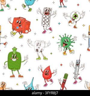 Cartoon groovy health care and medicine characters seamless pattern background. Vibrant retro 70s mascot pattern featuring pill blister, syringe, toot Stock Vector