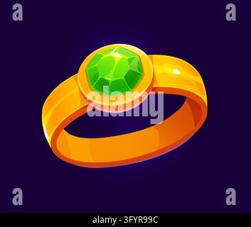 Cartoon glossy golden game ring icon with faceted green gemstone centerpiece. Shiny jewelry item featuring bright emerald stone for RPG inventory scre Stock Vector