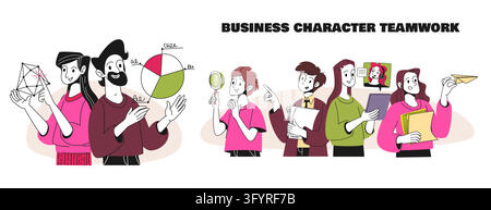 Vector team collaboration scenes showing business professionals working together on projects and presentations. Corporate meetings with modern flat design elements. Isolated partnership illustrations. Stock Vector