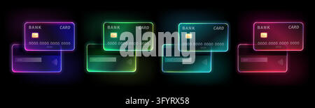 Glass bank card icons with transparent 3D design and neon glow effect. Vector payment design in frosted glassmorphism style on black background. Front and back card view with chip and number. Stock Vector