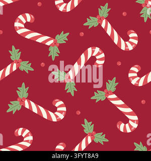 Christmas candy canes with holly berries on a red background. Seamless pattern Christmas holiday. Festive seasonal wrapping paper. Sweet candies are traditional for the New Year holiday. Stock Vector