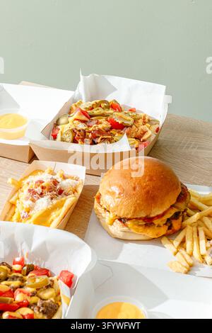Bright flash-lit overhead view of a loaded burger with fries, cheese fries, and assorted fast food served in paper trays on a wooden table. Stock Photo