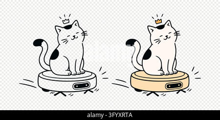 Cat on Robot Vacuum. Cat on Robot Vacuum for Pet, Home Cleaning and Smart Appliance Content. Cat on Robot Vacuum Vector Illustration with Line Art and Stock Vector