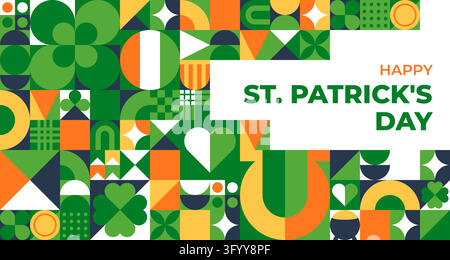Happy St Patrick's Day greeting card with geometric patterns for Irish holiday, vector background. Saint Patrick Day pattern with geometric shamrock c Stock Vector