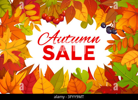 Autumn fall season sale banner, discount poster with leaves and berries. Autumn harvest and Thanksgiving holiday seasonal sales and discounts promotio Stock Vector