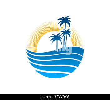 Circular sunrise beach icon featuring tall palm trees on small island. Tropical seaside emblem with blue waves and golden sun rays for travel agency, Stock Vector