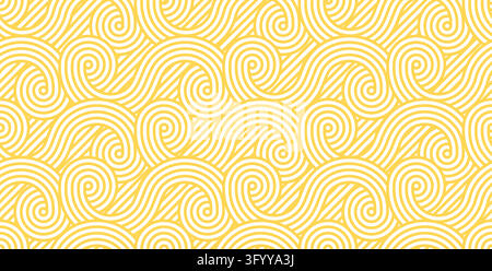 Asian ramen noodles or Italian pasta seamless pattern background with yellow wavy lines. Noodles pattern of wave curves and linear curl swirls of Chin Stock Vector