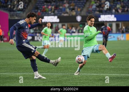 Sebastian Gomez #90 of Seattle Sounders FC stops the shoot of Lucas ...