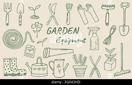 Garden doodle set, spring agriculture sketch, vector hand drawn flower illustration, farm plants. Scribble line organic floral clipart, gardening tool Stock Vector