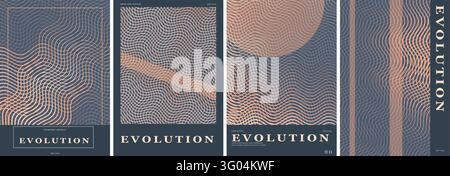 Abstract Posters Set Vector Illustration with Wavy Lines and Geometric Shapes in Blue and Peach Colours Featuring Text Evolution on Dark Backgrounds Stock Vector
