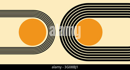 Minimalist mid century boho abstract art banner featuring black concentric arches with orange suns on a cream background Stock Vector