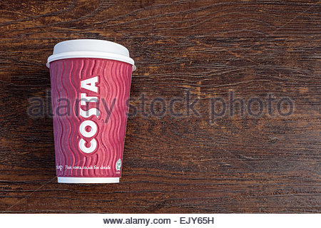 A Costa coffee disposable paper cup with a plastic lid and the name ...