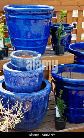 Image shows a variety of blue ceramic planting pots arranged outdoors ...