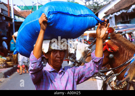 local man overladen carrying large heavy sack on his back denpasar market bali Stock Photo