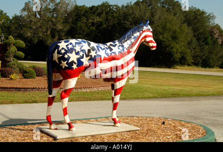 Racehorse portrait in red white and blue. Stars and stripes. USA Stock Photo