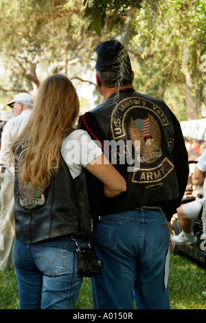Veterans Day memorial service.Florida america USA. Couple wearing  leather jackets Stock Photo