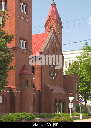 Front elevation Church of Saints Simon and Helen aka The Red Church, Independence Square, downtown Minsk Belarus Stock Photo