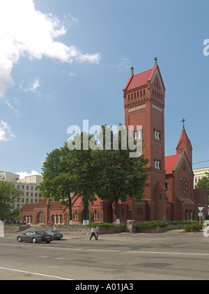 Catholic church of Saints Simon and Helena aka the Red Church,  Independence Square, downtown Minsk, Belarus Stock Photo