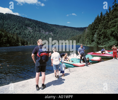 D-Bayerisch Eisenstein, nature reserve Bavarian Forest, Bohemian Forest, Bavaria, Huge Arber Lake, boats, tourists Stock Photo