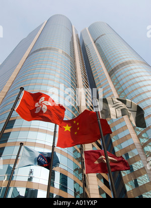 Flags flying outside Hong Kong Stock Exchange building in Central District Hong Kong Stock Photo