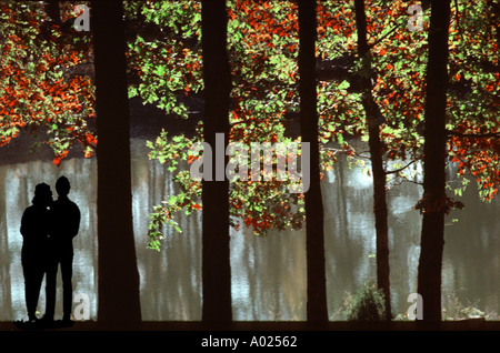 Young couple stand together among oak and hickory trees looking at lake in late afternoon in early fall, Missouri, USA Stock Photo