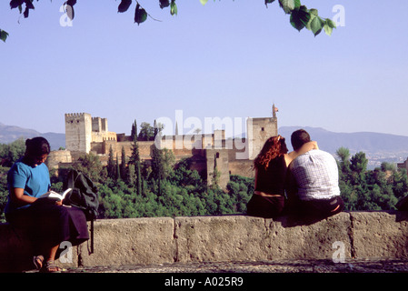 Spain Granada. The Alhambra seen from the Mirador San Nicolas which is right next to Granada's new mosque. Romantic setting. Stock Photo