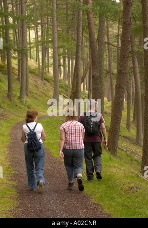 three 3 people walking along nature trail in the Elan Valley park managed by Severn Trent Water, Rhayader Powys mid Wales UK Stock Photo