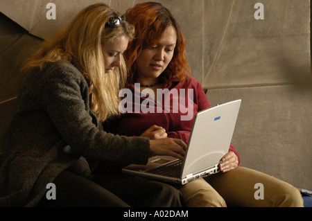 two women using laptop computer at Aberystwyth Arts Centre part of the University of Wales UK Stock Photo