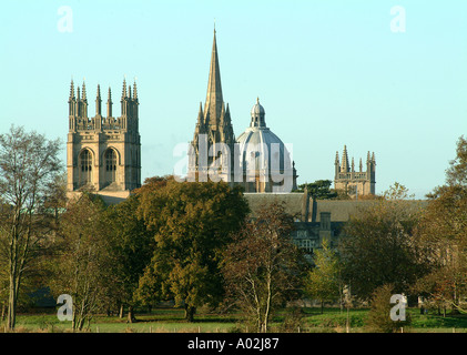 Merton College St Marys Church and The Radcliffe Camera over Christ Church Meadow Stock Photo