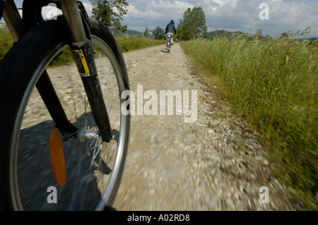 France isere front wheel of a mountain bike on a dirt road Stock Photo