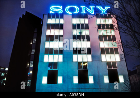 Paris France, Clichy, Corporate Buildings 'Sony Corp' Headquarters Facade, Lit up Windows at Night, modern architecture, office night building lights Stock Photo
