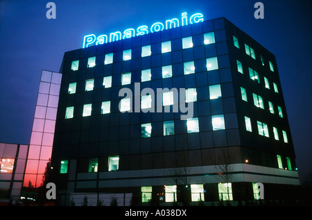 Paris France, Clichy, Corporate Buildings, Panasonic Corporate Headquarters, Front Office Building, lit up, at night with logo Sign, Windows, Stock Photo