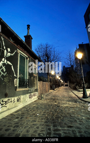 PARIS France, Empty Street Scene in Ménilmontant Area 'Villa l'Ermitage' Cobbled Stone Street Lamps at Night, Local Neighbourhoods mysterious villa Stock Photo