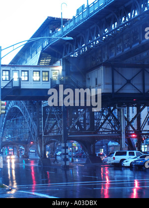 Night view from below of the New York City subway station near 125th Street and Broadway. Stock Photo