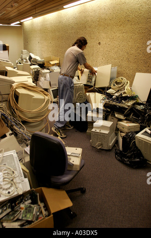Redundant computer technology is stacked in a high rise office Stock Photo