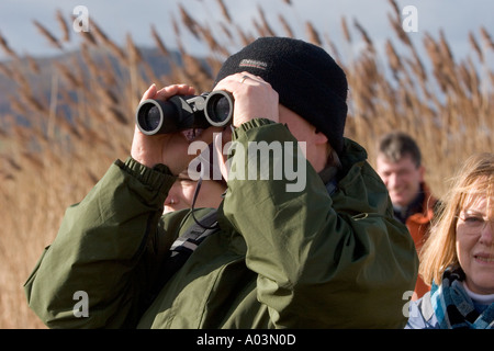 Bird watchers at RSPB reserve in North Wales GB UK Stock Photo