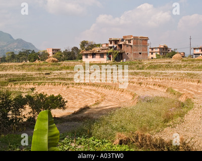 TERRACED RICE PADDY FIELDS after harvest Khokana Kathmandu Valley Nepal Asia Stock Photo