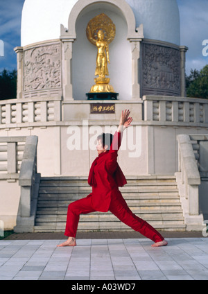 PICTURE CREDIT DOUG BLANE Carol Smith Yoga Teacher doing Virabhadrasana Warrior pose in front of the Milton Keynes Buddhist Peac Stock Photo