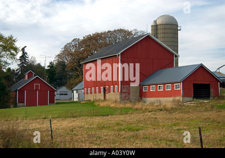 Vintage Wisconsin dairy farm with traditional red barn and silo's Stock ...