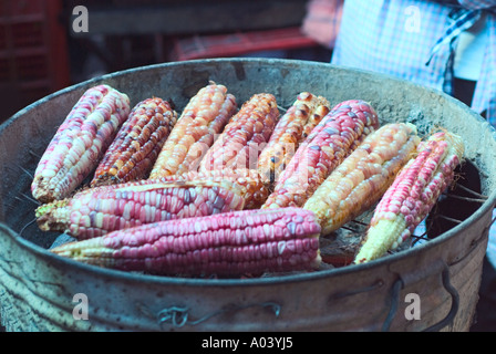 Roasting fresh corn on the cob at the Tuesday Market in San Miguel de Allende Stock Photo