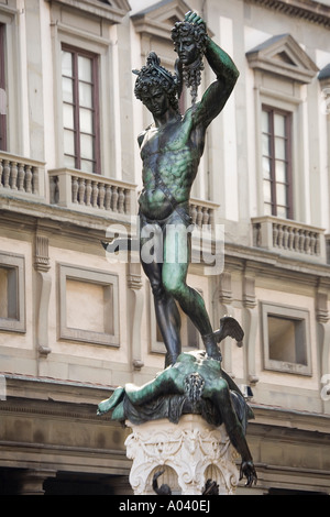 Cellini bronze statue of Perseus holding aloft the head of Medusa Loggia dei Lanzi Piazza della Signoria Firenze Italy Stock Photo