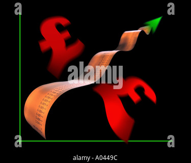 Conceptual image of a line graph with pound symbols and an upward pointing arrow. Stock Photo
