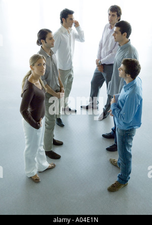 Informal business discussion among six young professionals, high angle full length view