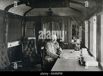 French military commander Philippe Petain, 1856 - 1951, seen here sitting in a railway carriage office in the autumn of 1915. Stock Photo