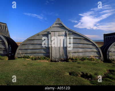 Fishing Boat Huts Lindisfarne Castle Holy Island Northumberland Stock Photo