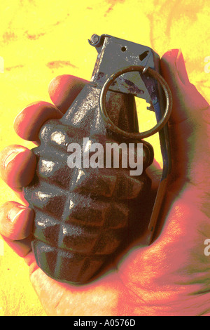 Mans hand holding hand grenade Stock Photo
