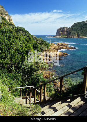 KNYSNA HEADS LAGOON and WOODEN STEPS to bay with narrow entrance Knysna Western Cape South Africa Stock Photo